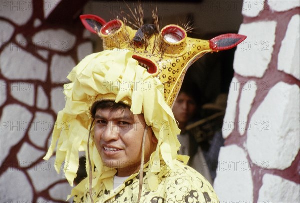 Man wearing a carved wood and leather Jaguar mask with mirrored eyes and whiskers