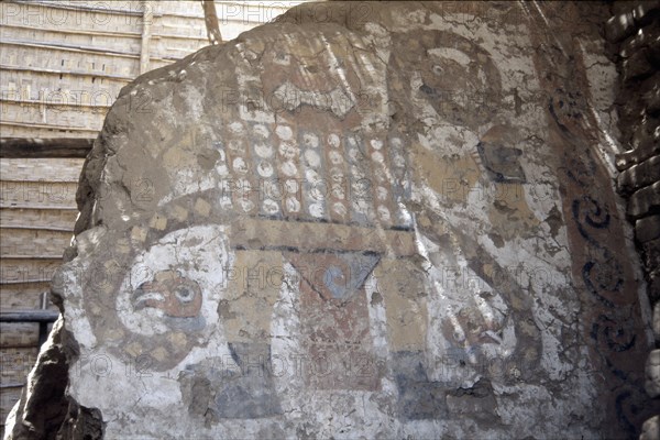 'Huaca de la Luna' outside Trujillo, north coast of Peru, showing newly discovered (1998) polychrome clay freize of the 'Fanged Deity', a decapitator god associated with human sacrifice