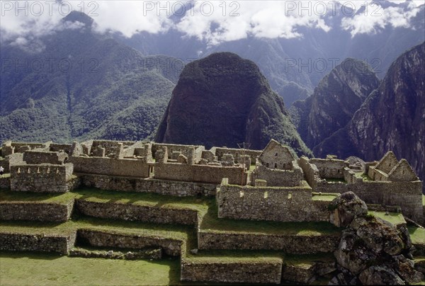 View to the east across the centre of Machu Picchu shows terraces and buildings