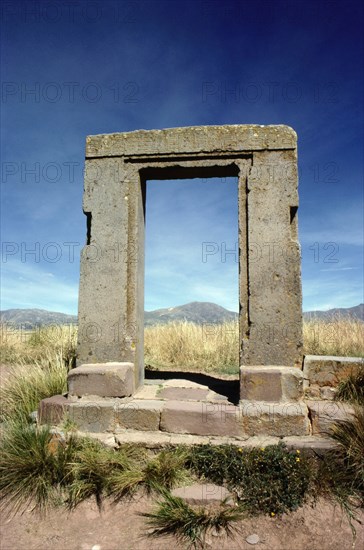 View of the gateway of the Moon in Tiahuanaco, Bolivia