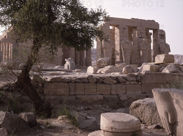 View of the Ramesseum and Osiride statues, the mortuary temple of Ramesses II