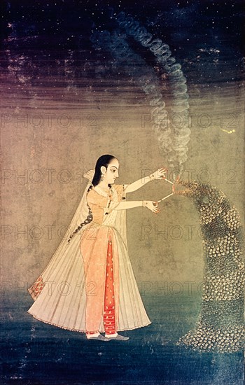 A miniature painting showing Nadre Banu lighting fireworks