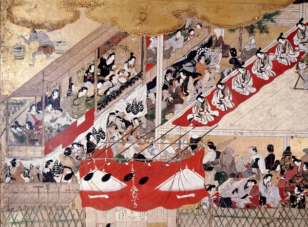 A screen depicting the popular festivities that took place at Shijo gawa, Kyoto