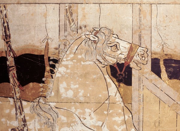 Folding screen depicting a stable scene (detail)