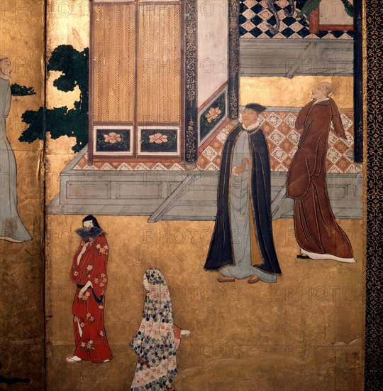 Detail of a screen depicting Jesuit priests and Portuguese merchants