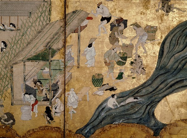 A screen depicting the popular festivities that took place at Shijo gawa, Kyoto