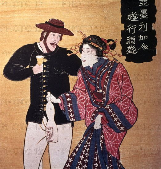 A Japanese girl serves sake to a foreign sailor