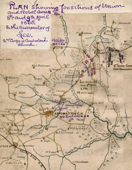 Positions of Union and Rebel armies 8th and 9th April 1865, to the surrender of Lee : 2nd Corps at Cumberland Church. 1865