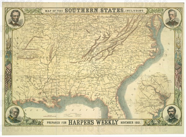 Map of the southern states with insets of Lincoln, Seward, Scott & McClellan - 1861 1861