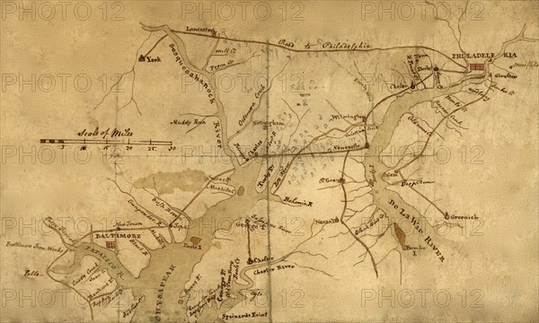 Delaware River and Chesapeake Bay, showing roads to Philadelphia and localities. 1776