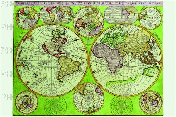 Stereographic World Map with Insets of Polar Projections 1690