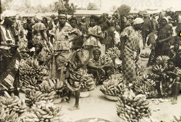 Banana stalls at a busy marketplace