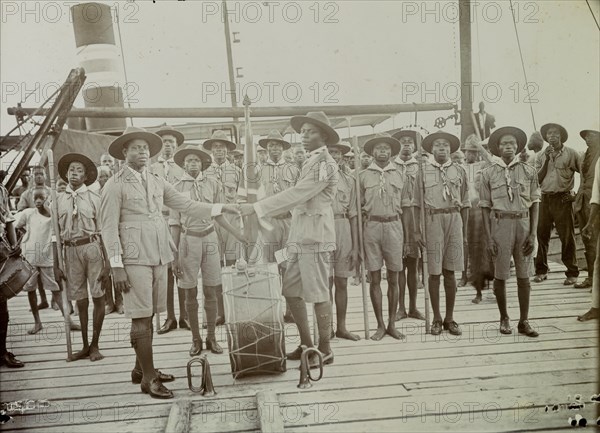 View of scout troop with drum and bugles on steamer