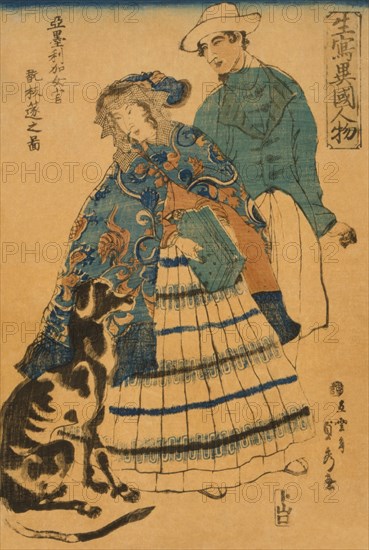 American lady playing accordion (Amerika jokan hansui o gansuru no zu) 1860