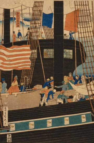 Western traders loading cargo in Yokohama (Yokohama ko¯eki seiyo¯jin nimotsu unso¯ no zu) 1861