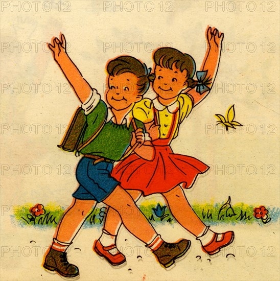 Boy & Girl Wave on their way to school