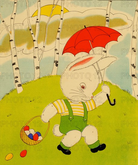 Anthropomorphic bunny with an umbrella totes Easter eggs 1900