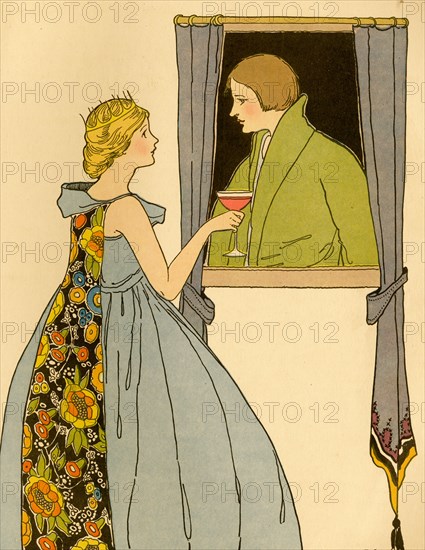 Princess serves a goblet of wine to a young lad at the window 1910