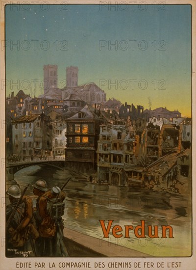 Soldiers marching beside a river and over a bridge into a shelled Verdun. The battle of Verdun in 1916 was the longest and costliest battle -- in terms of lives -- of the war. 1916