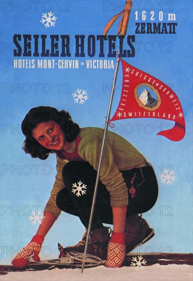 Seiler Hotel: Woman Adjusting Skis 1948