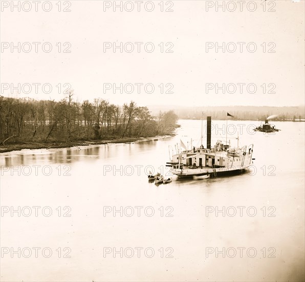 James River, Virginia. Gunboat Commodore Perry and monitor on James River 1863