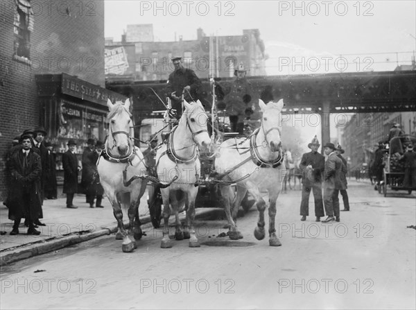 Troika of White Horses Pulls Hook and Ladder #7 to the site of a fire