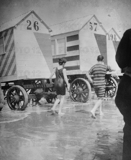 Beach at Scheveningen with dressing cabins in Hollandnear the Hague 1912