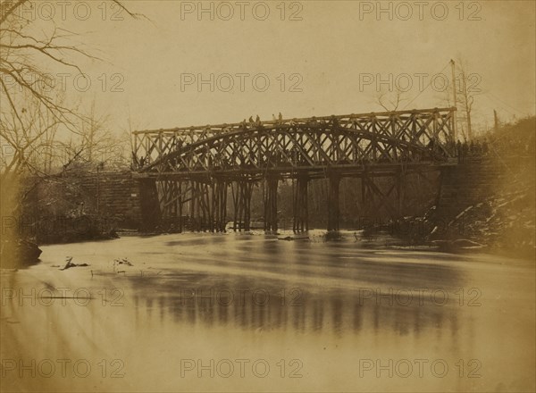 Building military railroad truss bridge across Bull Run, April, 1863 1863