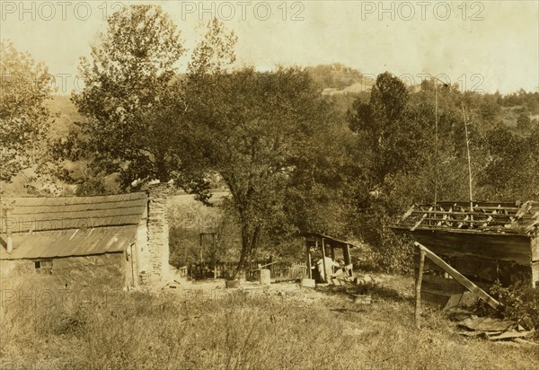 little log cabin, - relic of the old days, - now occupied by a small family (F.T. Castle) who are gradually giving up farming and depending upon mining and odd jobs. Oct. 12, 1921. (Dogs). Location: Big Chimney, West Virginia 1921