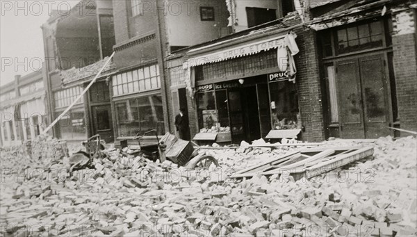 Los Angeles Earthquake with ruined and falling brick buildings