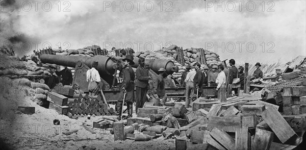 Morris Island, South Carolina. Battery Rosecrans. Three 100-pounder Parrot Rifles. Breaching battery against Fort Sumter 1863