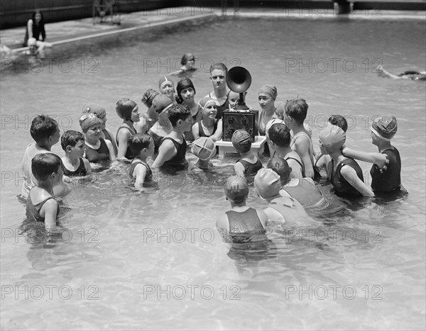 Radio with Speaker Plays in the Middle of a children's swimming Pool 1924