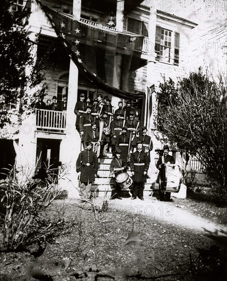 U.S. Army band standing on steps 1863