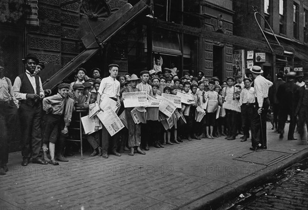 Waiting For The Signal. Newsboys, starting out with base-ball extra. 5 P.M., Times Star Office. 1908