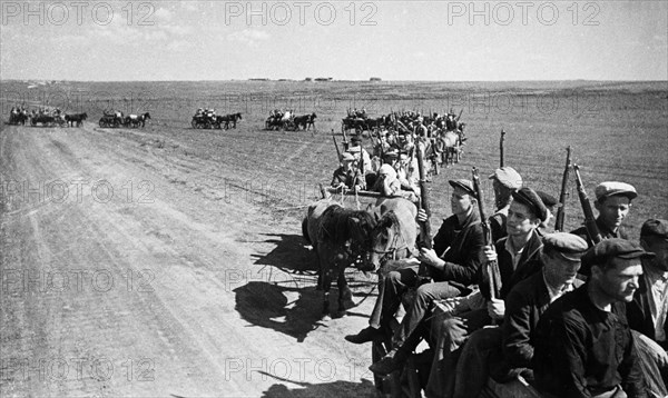 Partisans in ukraine on the march during world war 2.