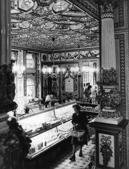 Famous interior decoration of dairy / dairy products store in bautzener strasse, dresden, east germany, gdr, 1983.