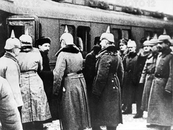 The russian delegation including leo trotsky, being greeted by the germans upon their arrival at brest-litovsk, december 27, 1917.