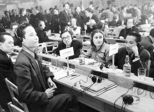 Nov, 1950 warsaw, poland: second world congress of defenders of peace, shown here is the delegation of democratic republic of vietnam in the assembly hall of the congress.