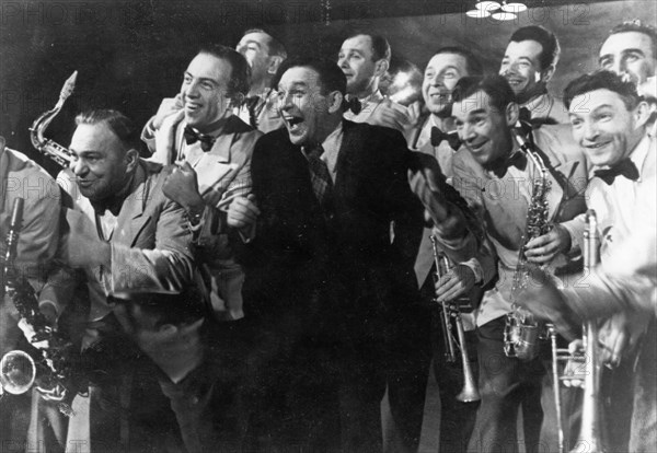 Singer leonid utyosov with his jazz band, 'the jolly fellows' (the merry lads) from the film of the same name, 1930s.