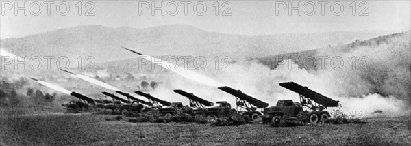 A battery of soviet katyusha rockets firing in the carpathian mountains during world war 2, 1944.