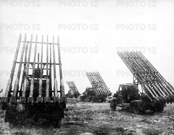 Soviet katyusha rocket launchers at firing positions during world war ll.