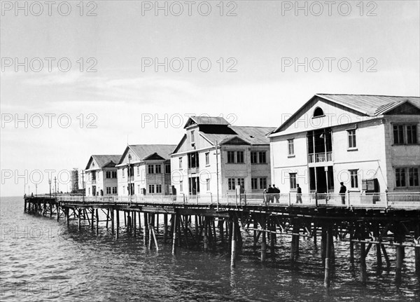 New housing built at neftyanye kamni (oil rocks), an oil workers settlement on the caspian sea in azerbaijan, ussr, june 1954.