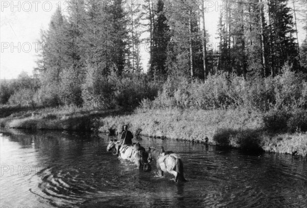 Professor leonid kulik who, in 1938, led a scientific expedition into the siberian taiga to investigate the site of the tunguska meteorite, here, he's seen crossing the khushmo river on horse back 7km from where the meteorite fell in 1908.