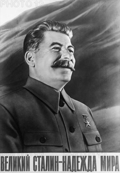 A soviet propaganda poster featuring joseph stalin published by the iskusstvo publishing house, 1950 (?), 'the great stalin - the hope for peace', published during the collection of signatures under the appeal of the world peace council in the soviet union for a peace pact between the great powers.