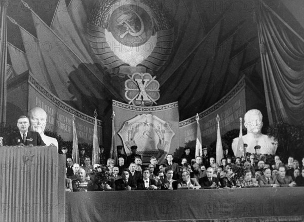 V, lacis, chairman of the council of ministers of the latvian ssr, speaking during the jubilee session of the supreme soviet of the latvian ssr on the occasion of the 10th anniversary of soviet latvia, july 1950.