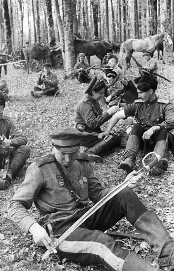 Don cossack guardsmen resting after a battle, second ukrainian front in the foothills of the carpathians, may 1944.