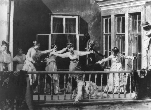 A group of young russian ladies play a game of blind man's buff, russia, late 19th, early 20th century.