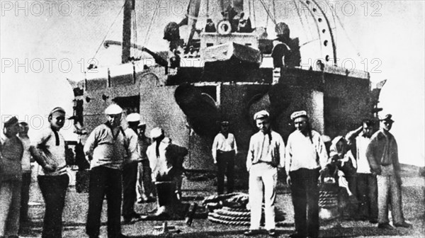 Rebel seamen on the deck of the battleship potemkin on which a revolutionary uprising took place june 14 - 24, 1905.