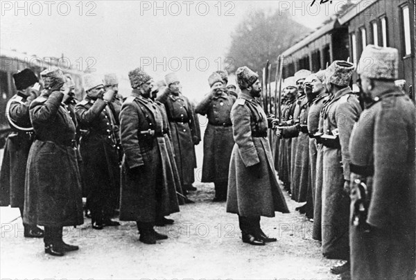 The first world war, emperor nicholas ll, supreme commander-in-chief, listening to a report of the guard of honor at the western front in march 1916.