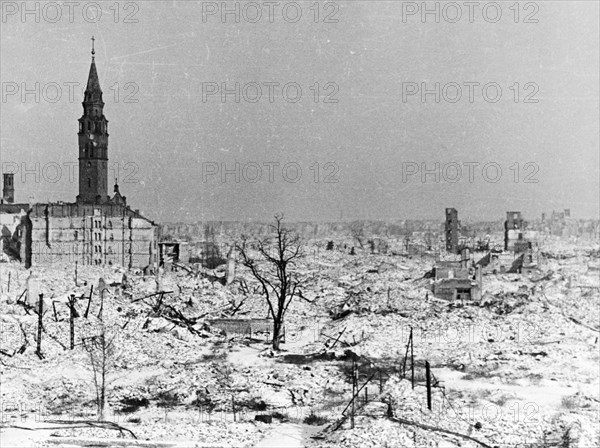 Warsaw, poland in ruins at the end of world war ll in 1945.